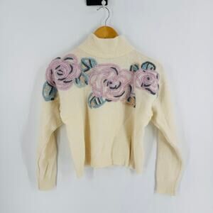 Vintage Visions Cream Floral 3D Appliqué Sweater Soft Fuzzy Knit Pullover